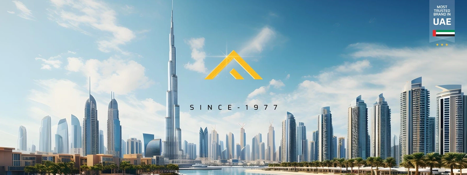 Dubai skyline with Asghar Furniture emblem