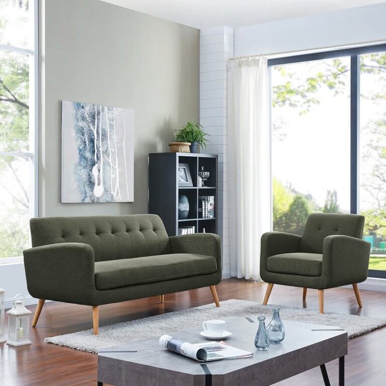 Stylish modern living room featuring an olive green sofa and armchair set with a sleek coffee table.