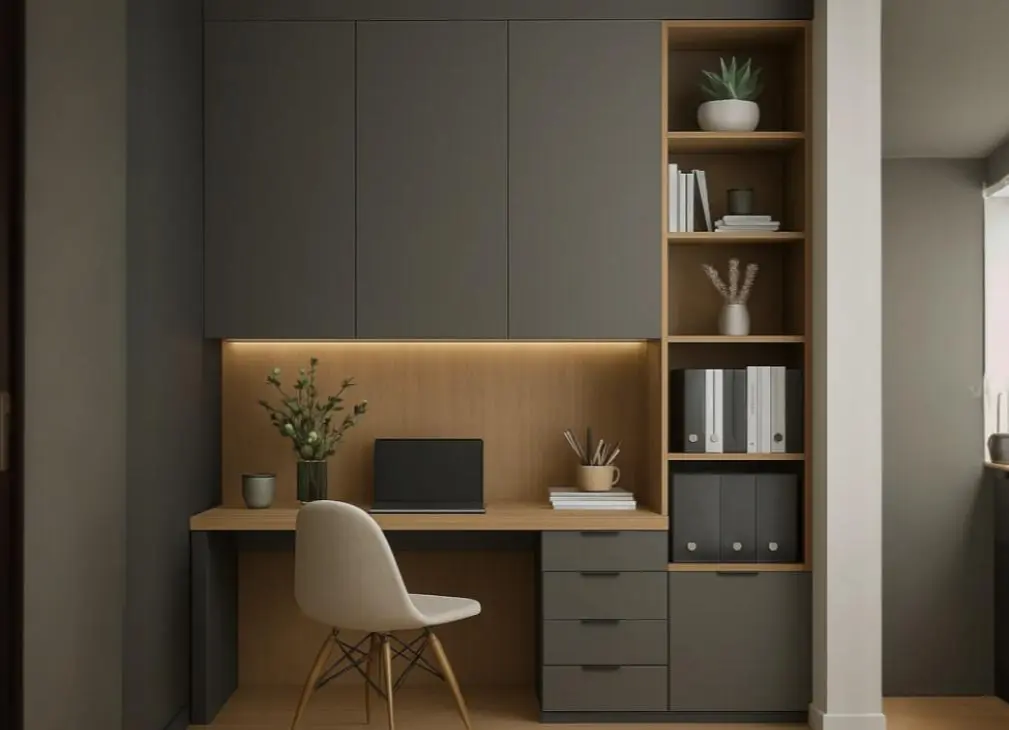 Modern home office desk with built-in storage and minimalist shelving.