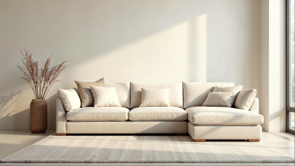 A cozy, plush sectional sofa in a creamy beige sits on a bright, light rug with pampas grass nearby.