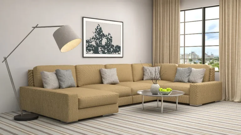 A contemporary living room featuring a tan sectional sofa, stylish decor, and ample natural light.