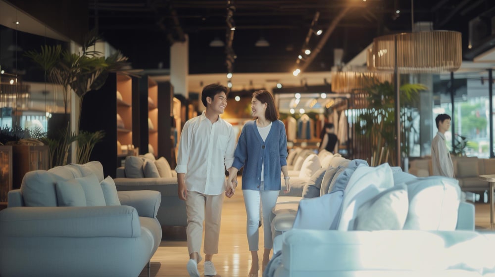 Smiling couple holding hands, walking through a modern and inviting furniture showroom, enjoying their shopping.