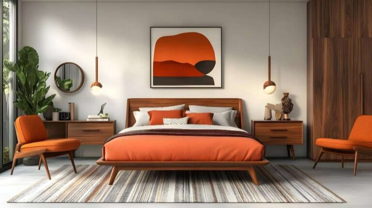 Stylish bedroom with a wooden bed, vibrant orange bedding, and mid-century modern furniture accents.