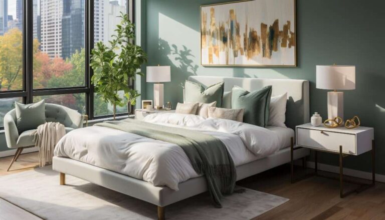 Serene and stylish bedroom with a soft gray upholstered bed, sage green accents, and a stunning city view.