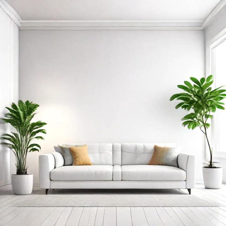 Bright minimalist living room featuring a clean white sofa flanked by lush green potted plants for freshness.