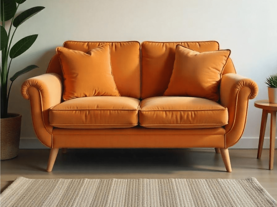 Vibrant orange velvet loveseat with classic rolled arms and plush cushions, a cozy and elegant addition.