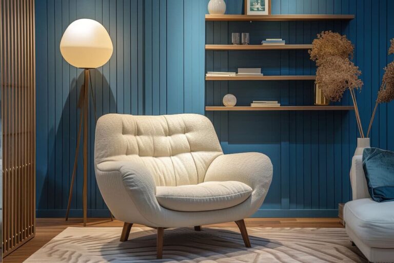 Cozy cream tufted armchair with a modern design, inviting comfort in a stylish living room with blue walls.