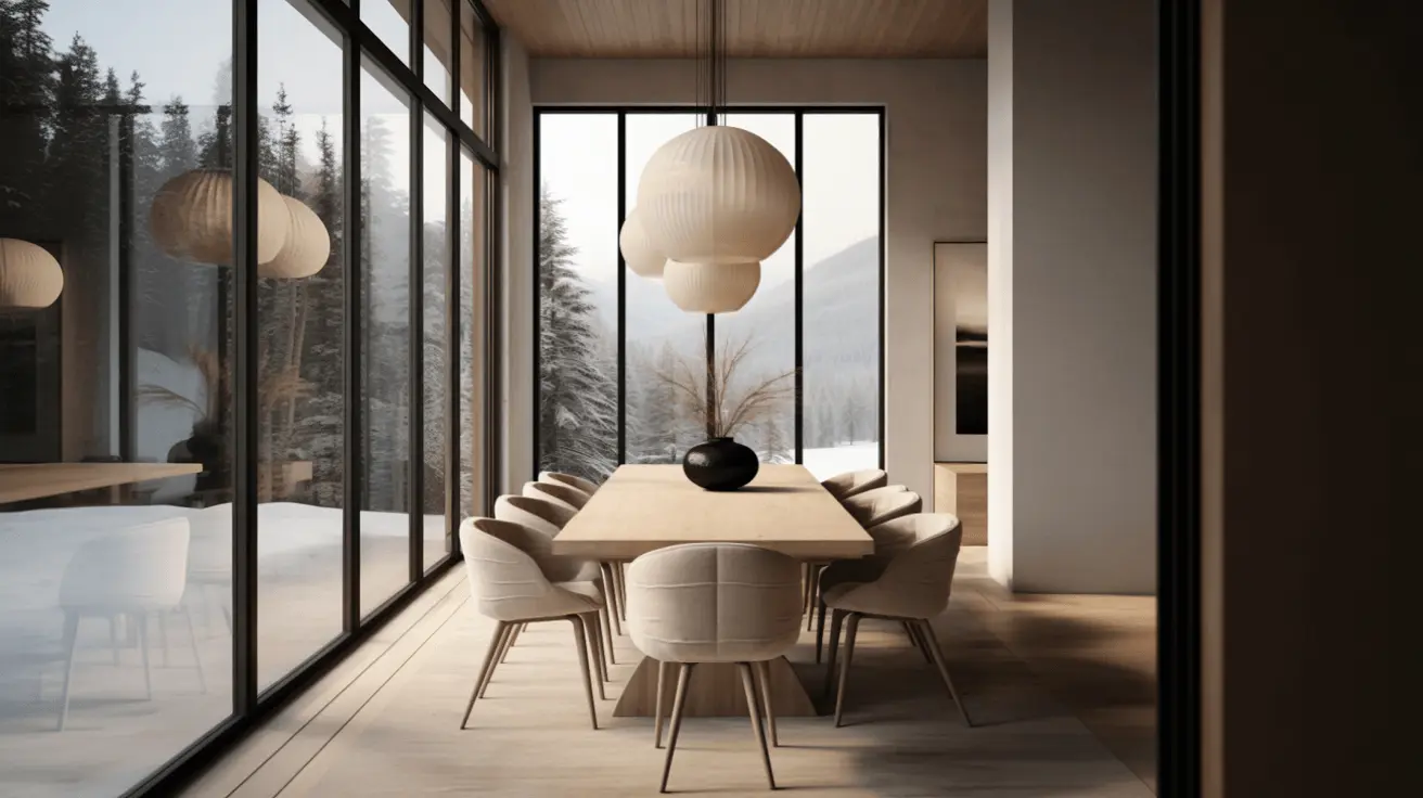Modern dining table set with upholstered chairs in a minimalist interior