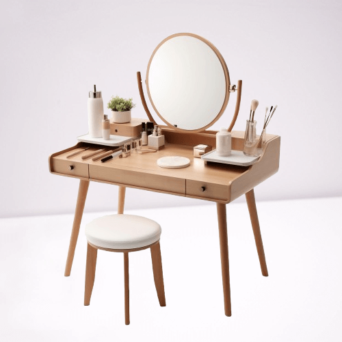 Stylish wooden vanity table with a round mirror and makeup products, accompanied by a white stool.