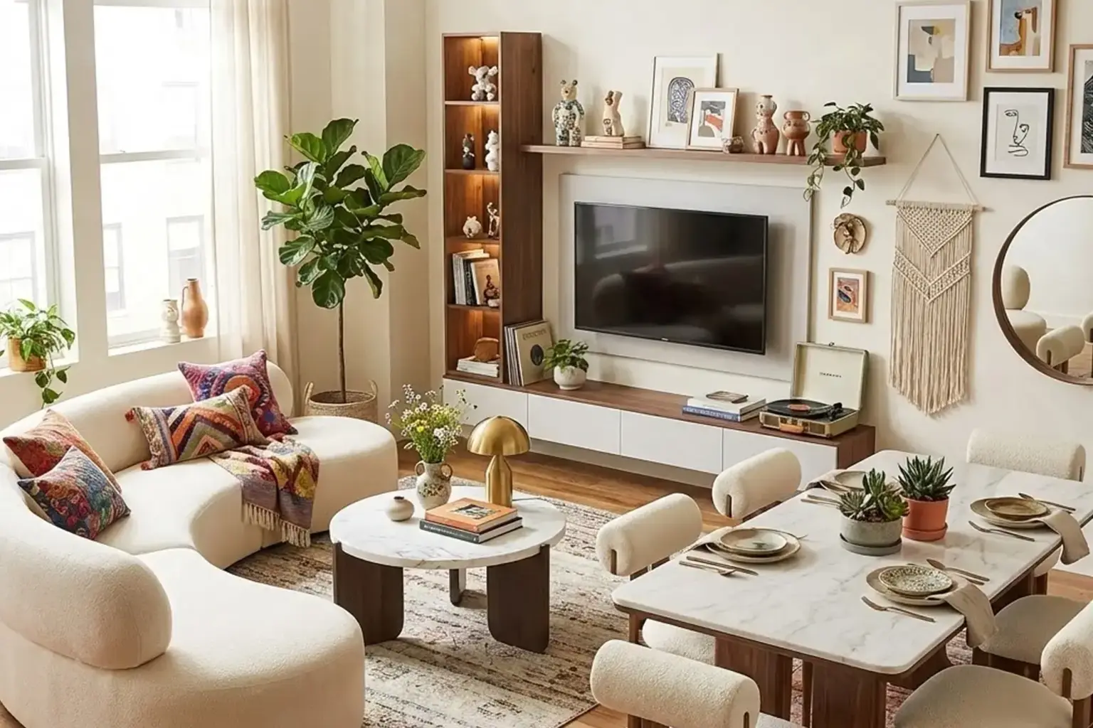 Luxury living and dining room with cream sofas, marble tables, wooden TV unit, and modern decor.