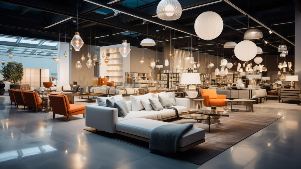 A modern showroom with a grey sectional, orange armchairs, and various spherical pendant lights.