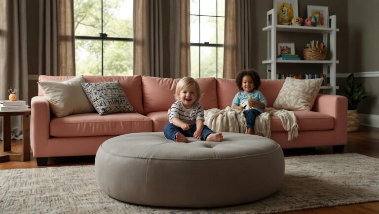 Happy toddlers playing on a cozy light pink sofa and a large round ottoman in a warm living room.