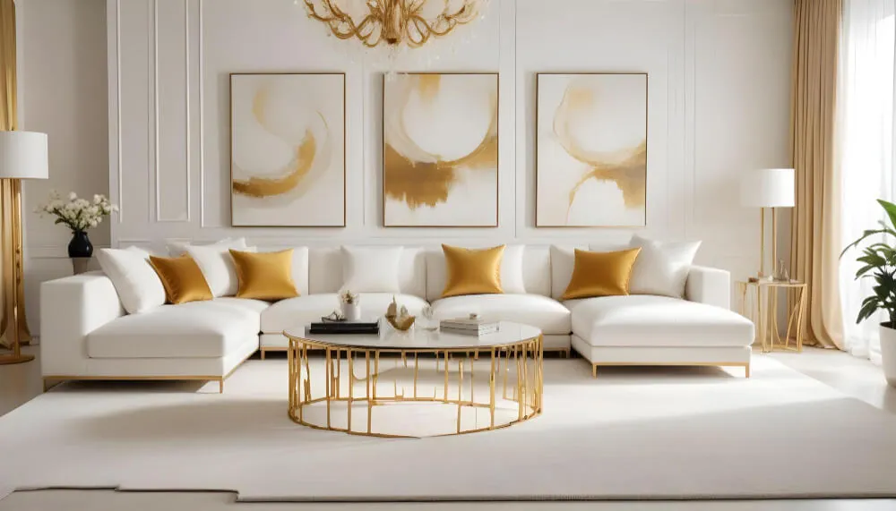 White sectional sofa with gold cushions and modern round gold table in a luxury living room.