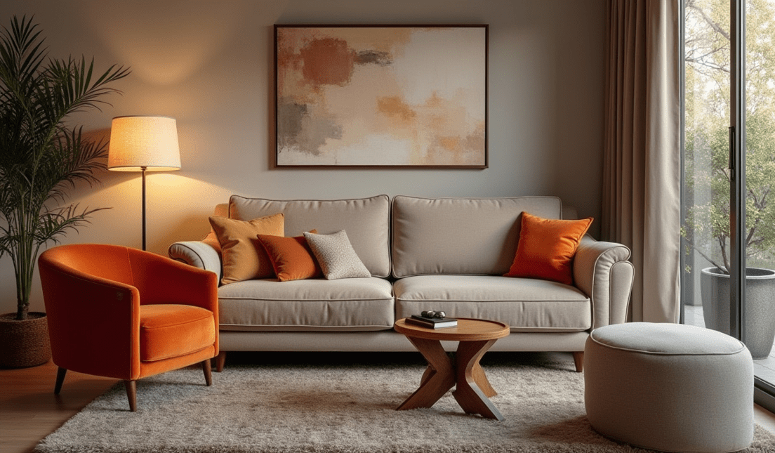 Cozy modern living room with a neutral sofa and a vibrant orange accent chair, creating a warm, inviting space.
