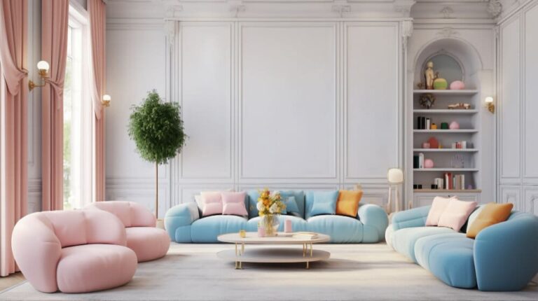 Luxurious living room featuring whimsical pastel blue and pink curved sofas, creating a soft, inviting space.