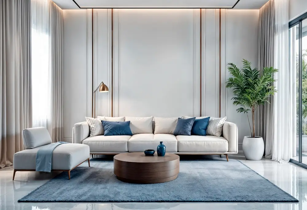 Luxury living room with white sofa, blue cushions, and round coffee table.