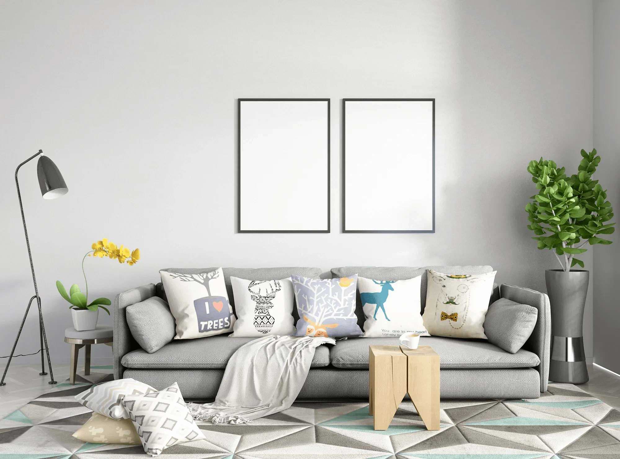 Inviting modern gray couch adorned with diverse vibrant throw pillows, perfect for a chic and comfortable home.