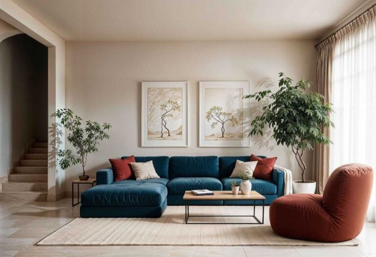 A vibrant teal sectional sofa anchors a modern living room, complemented by warm accents and lush greenery.