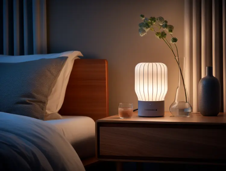 Cozy bedroom nightstand with a modern glowing lamp and fresh flowers in a vase.