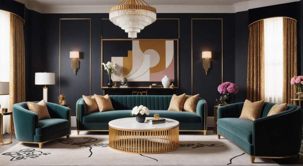 A luxurious and opulent living room featuring rich teal velvet seating, gold accents, and a grand chandelier.