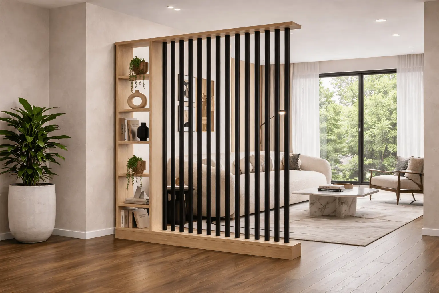 Modern wooden room divider with black vertical slats, integrated shelving, and luxury living room interior design.