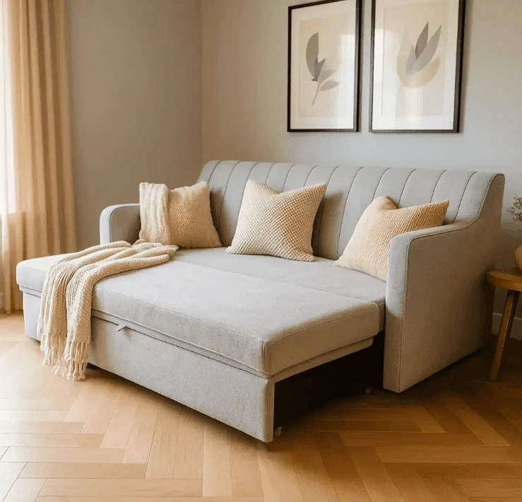 Stylish light grey sofa bed with a chic fluted backrest, offering versatile comfort for modern living spaces.