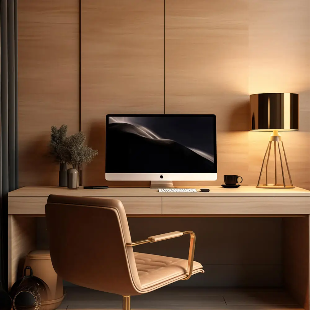 A minimalist home office with a light wood desk, a gold and beige office chair, and a sleek lamp.
