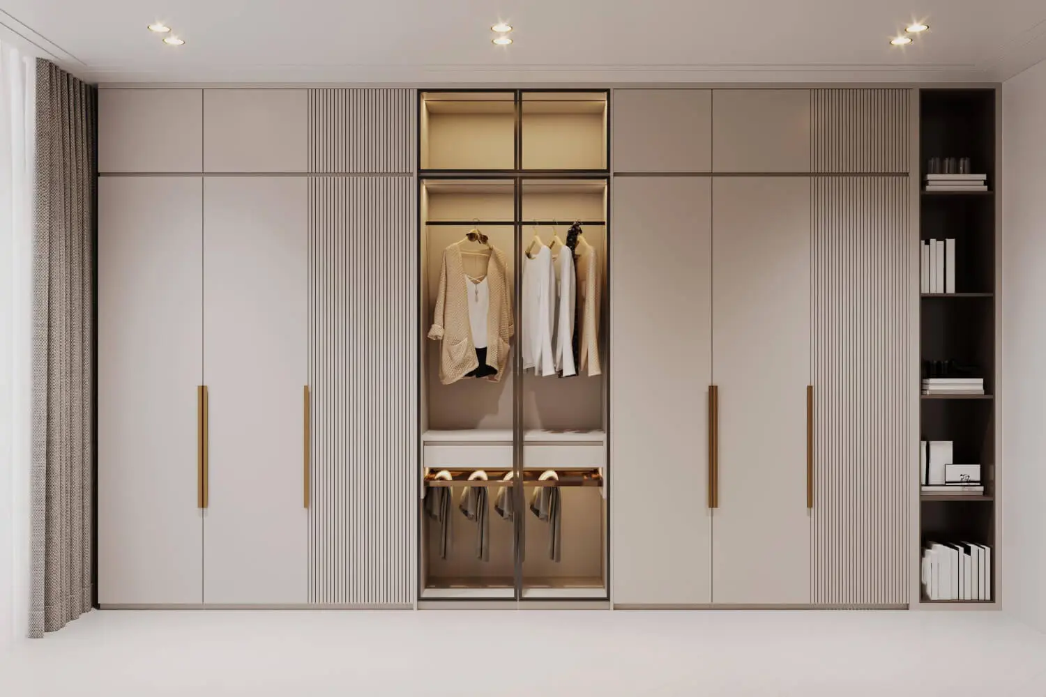A modern beige fluted wardrobe with gold handles, a central glass display, and integrated lighting.