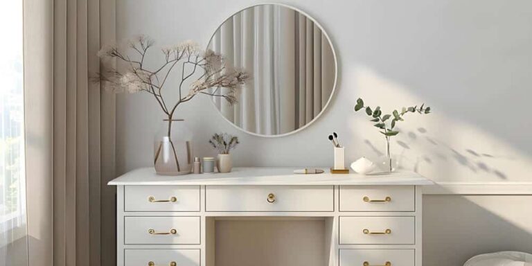Elegant white dressing table with gold handles, a large round mirror, and minimalist decor in a serene room.