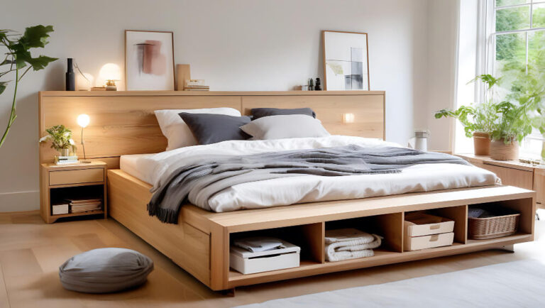Modern wooden platform bed with integrated storage and lighting, creating a natural and inviting bedroom.