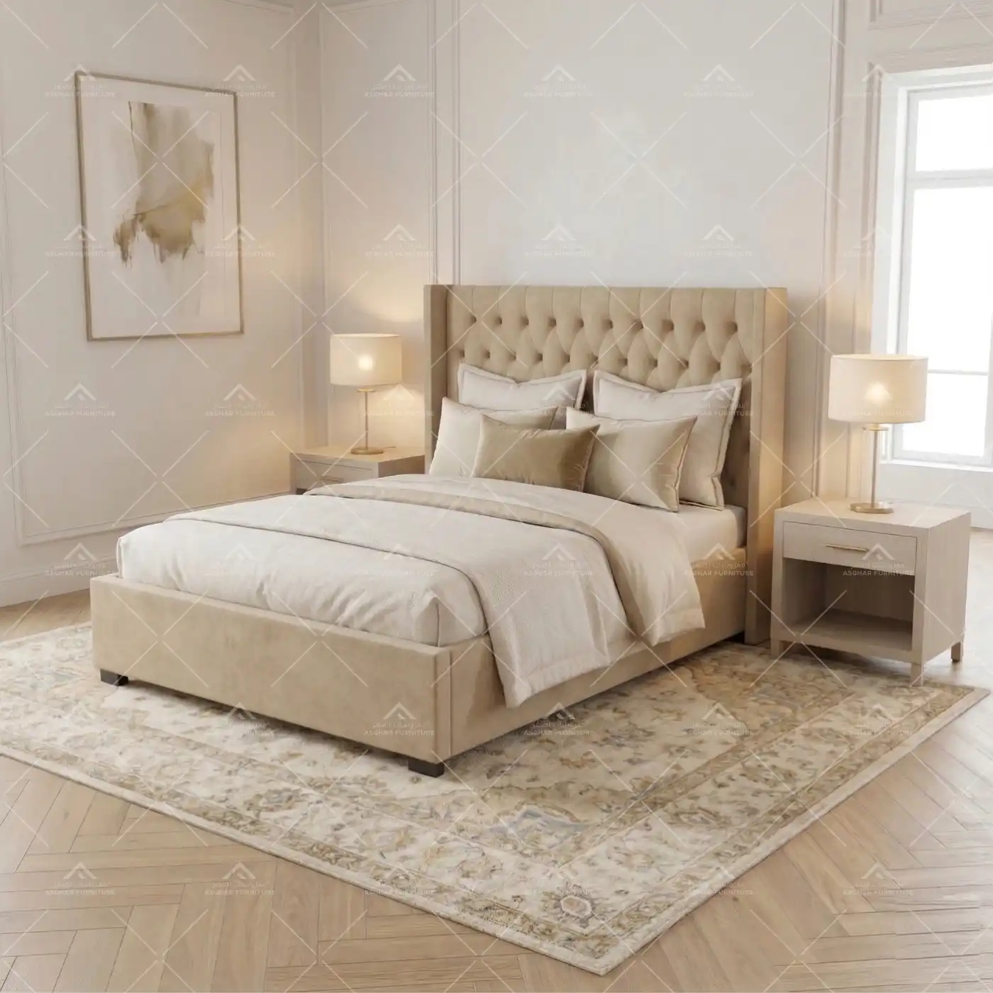 Wingback Velvet Bed with Free Mattress