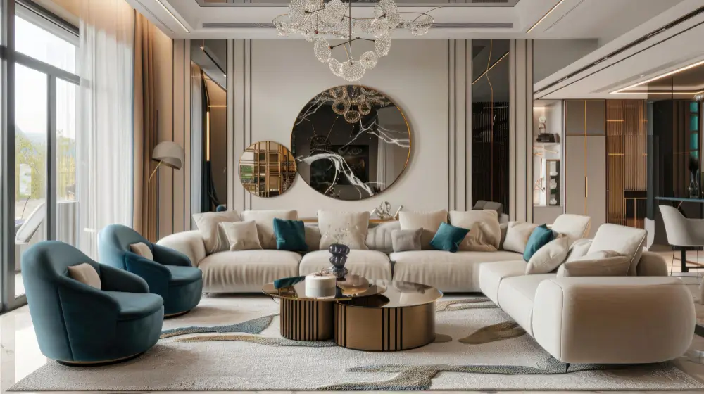 Luxury living room with white sofa, blue cushions, and round coffee table.