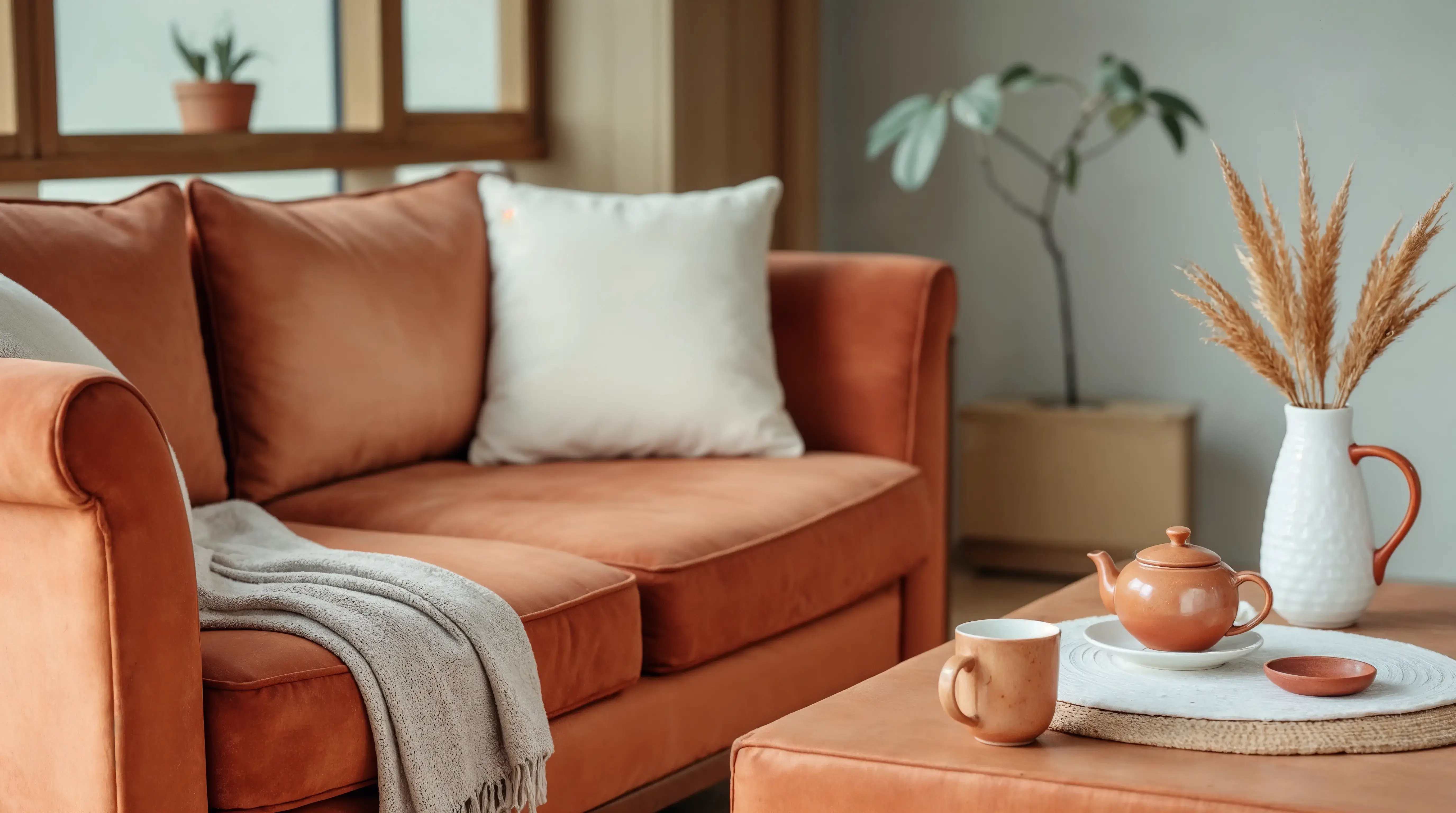 Modern living room with an orange sofa, cushions, and a styled coffee table.