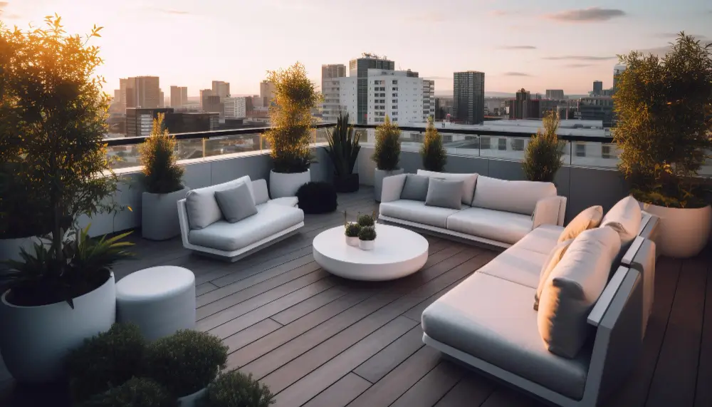 Modern rooftop outdoor furniture featuring comfortable sectional sofas and coffee table